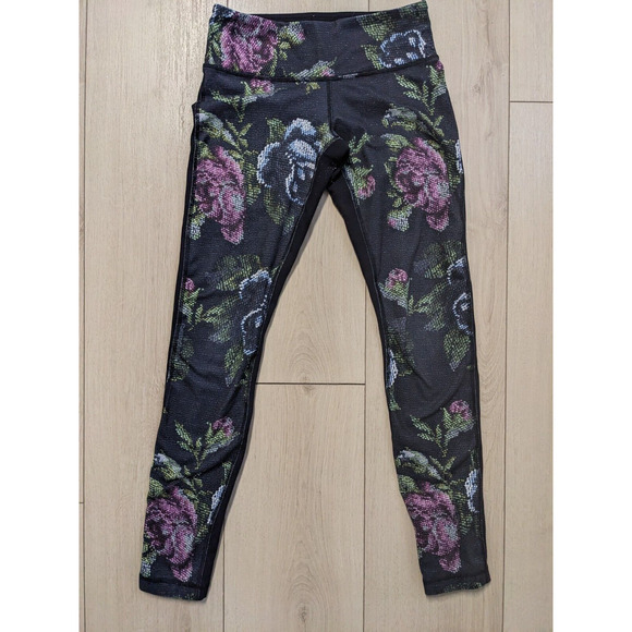 Lululemon Size 4 Wunder Under Pants Leggings Black Pink Full On Luon Garden - Picture 3 of 11